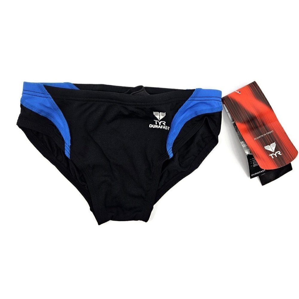 New Tyr Solid Splice Racer Swimsuit Youth Boys 10/12 Black Blue Durafast